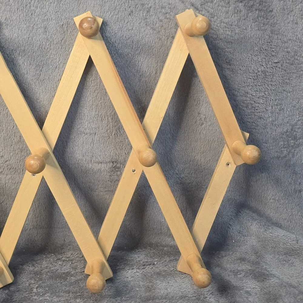 Vintage Wooden Accordion Peg Rack Expanding Wall Coat Hat Towel Rack 10 Peg